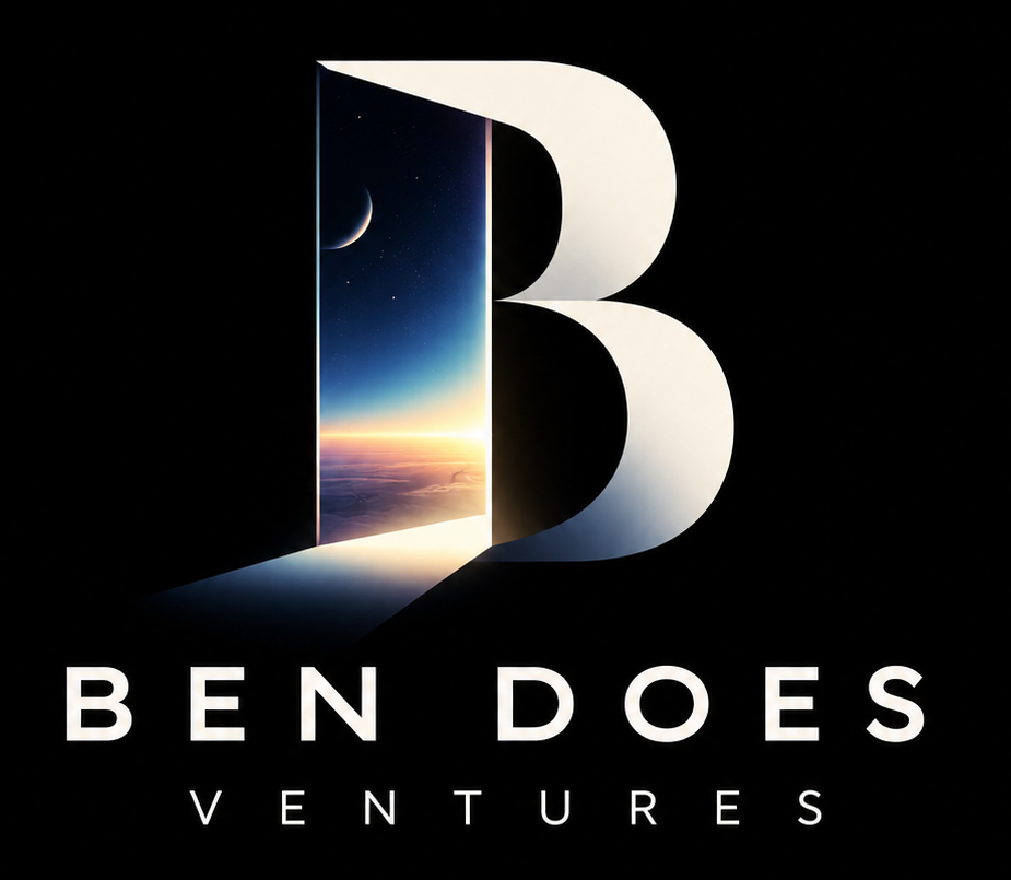 Ben Does Ventures. The approved ivory B opens onto a blue celestial sunrise, above the complete Ben Does Ventures lettering.