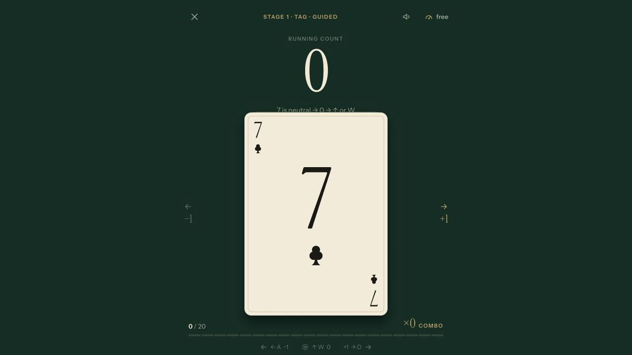 Actual Card Count Game practice screen, with a running count and an ivory seven of clubs on a dark green table.