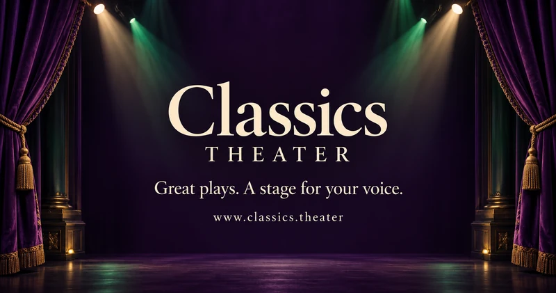 Official Classics Theater artwork, with ivory lettering and green stage lights between purple curtains.