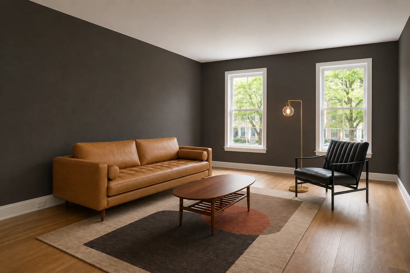 A prepared deCour room concept: a tan leather sofa, walnut table, and charcoal chair in a naturally lit living room.